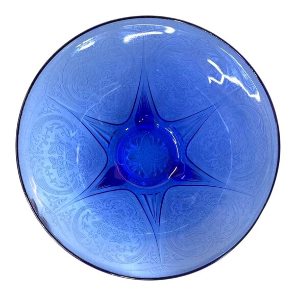 Vintage Hazel Atlas Royal Lace Cobalt Blue Etched Glass Footed Bowl 10" Serving - Picture 2 of 6